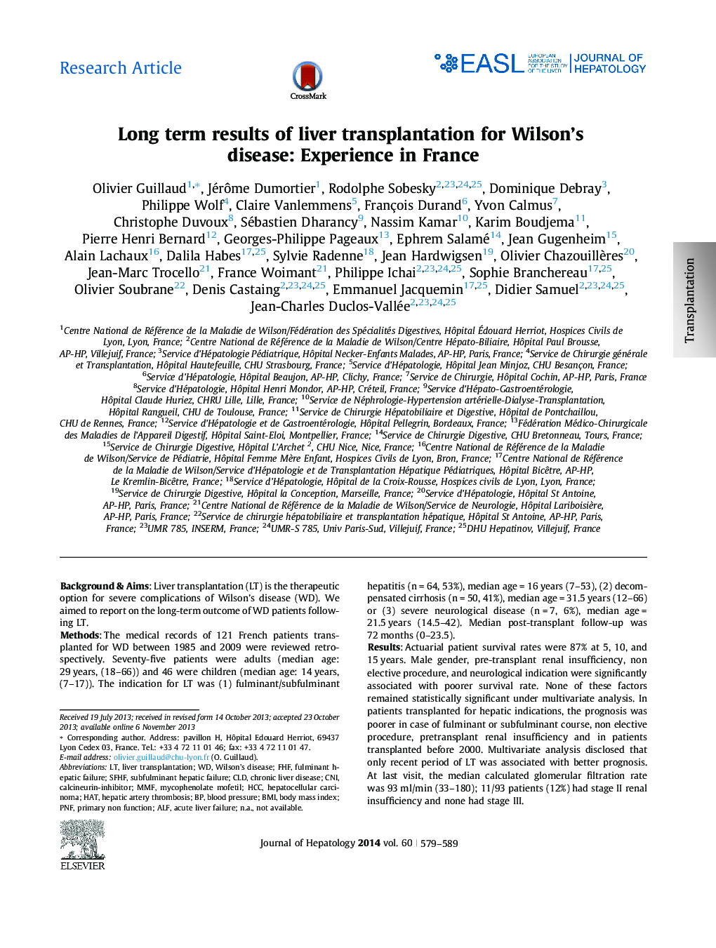 Research ArticleLong term results of liver transplantation for Wilson's disease: Experience in France