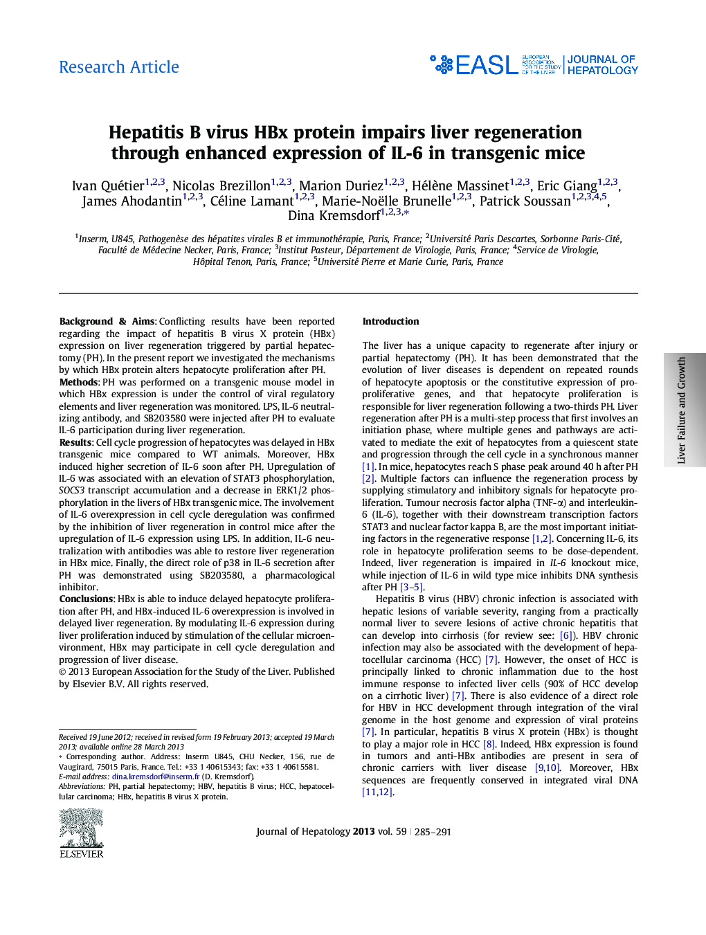 Research ArticleHepatitis B virus HBx protein impairs liver regeneration through enhanced expression of IL-6 in transgenic mice