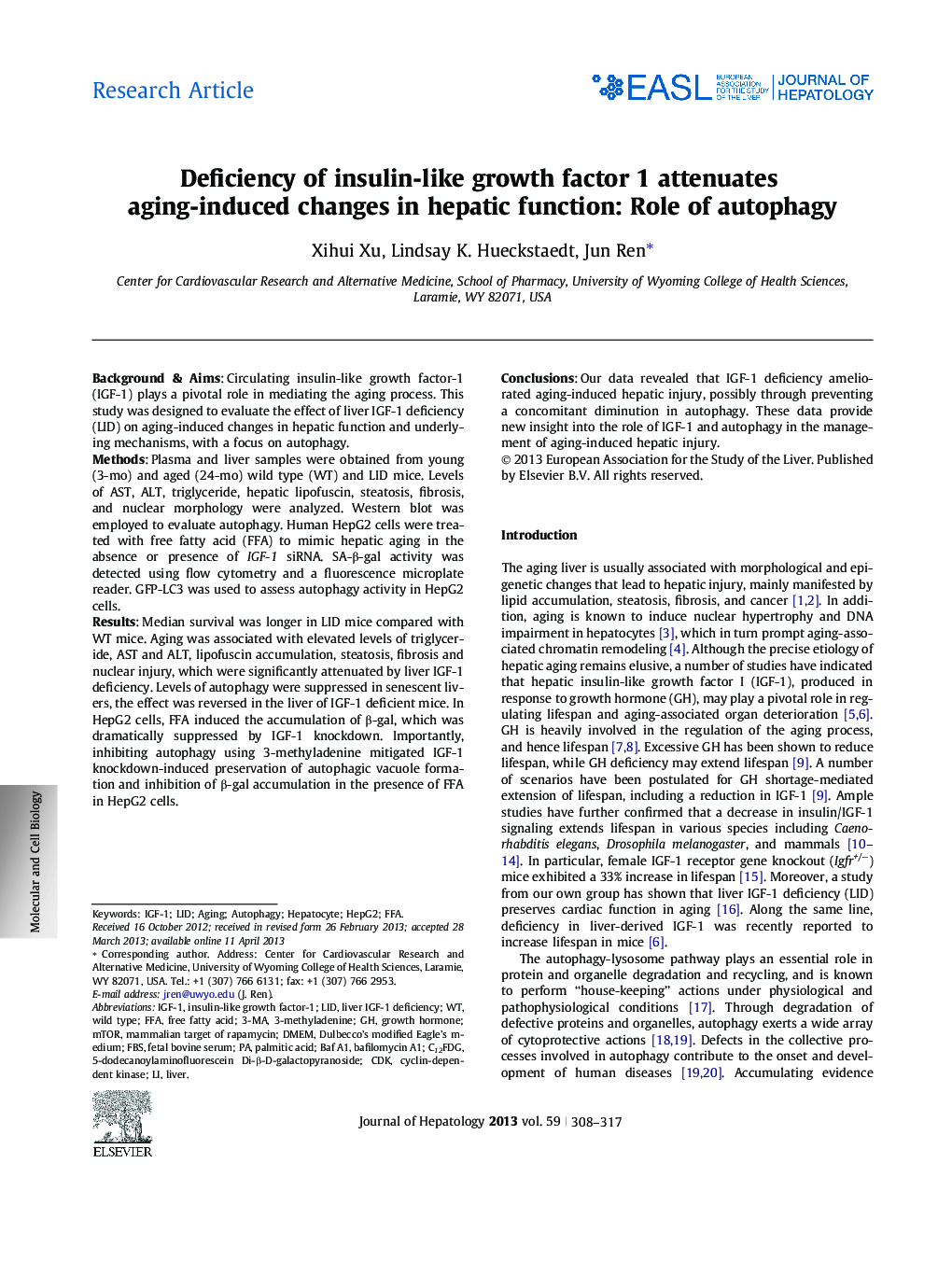 Research ArticleDeficiency of insulin-like growth factor 1 attenuates aging-induced changes in hepatic function: Role of autophagy