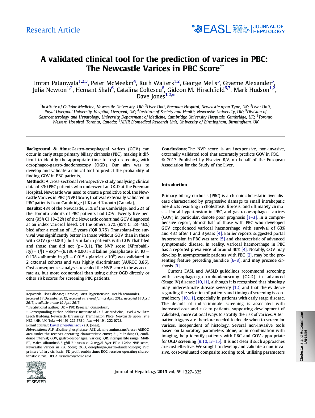 Research ArticleA validated clinical tool for the prediction of varices in PBC: The Newcastle Varices in PBC Score