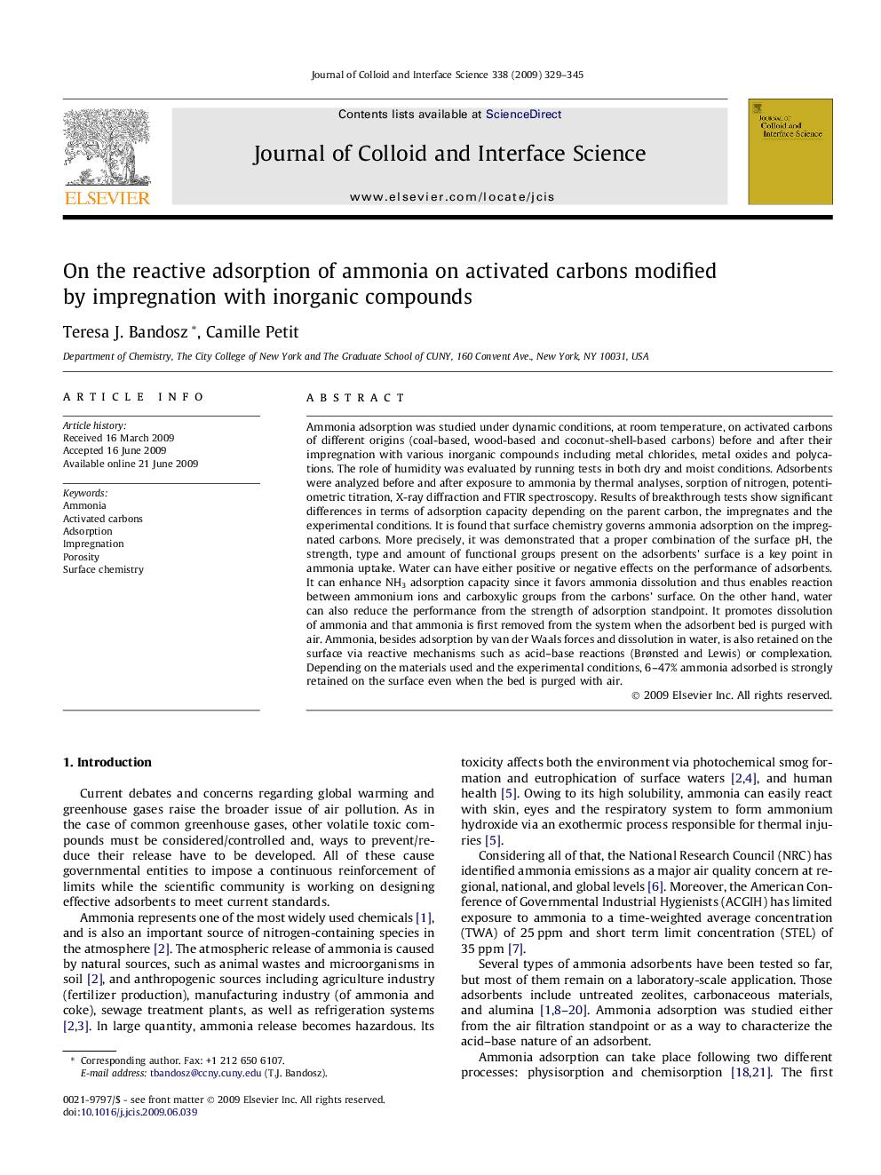 On the reactive adsorption of ammonia on activated carbons modified by impregnation with inorganic compounds