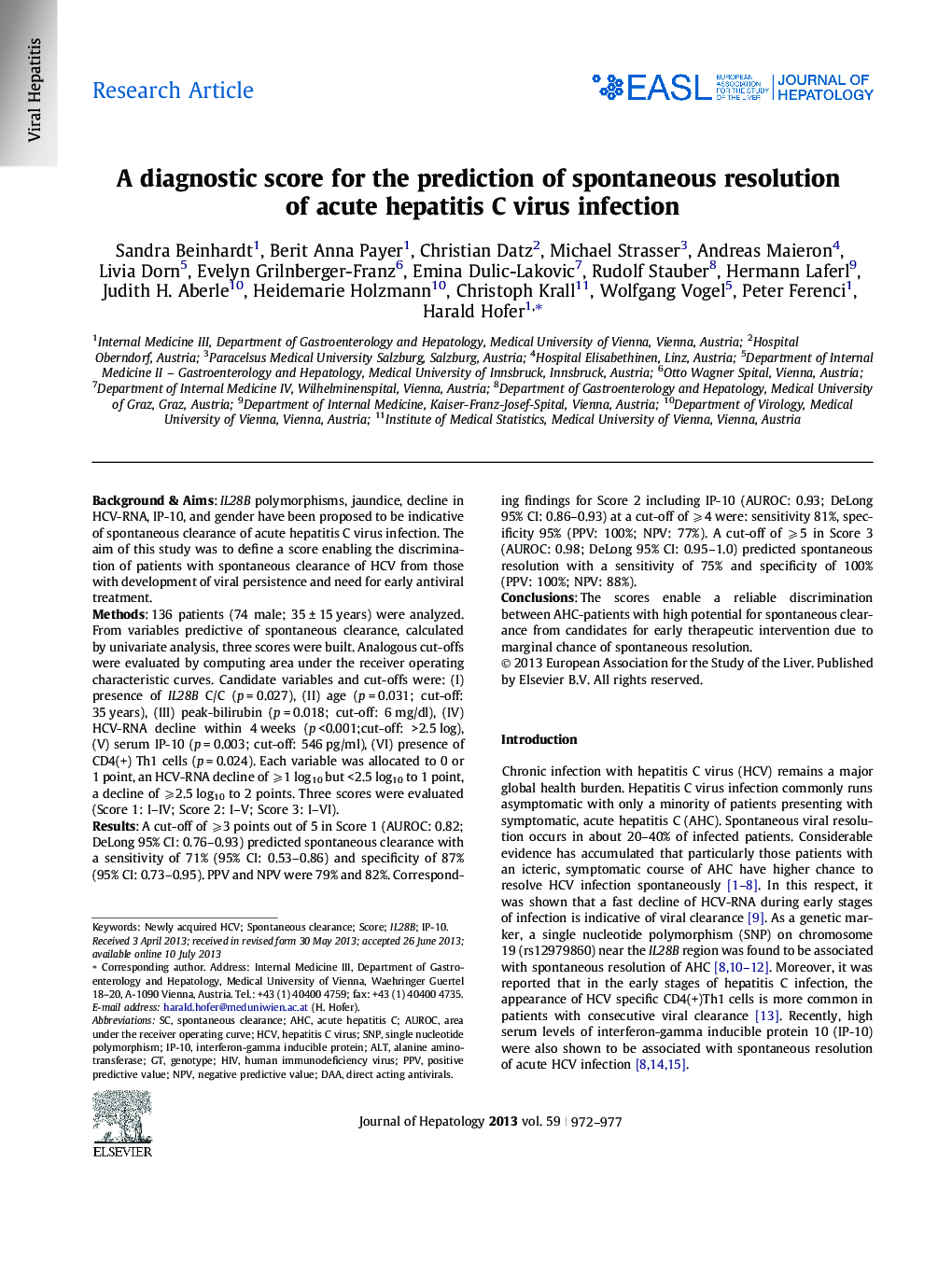 Research ArticleA diagnostic score for the prediction of spontaneous resolution of acute hepatitis C virus infection