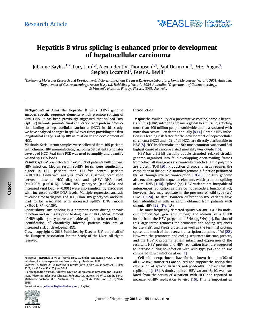 Research ArticleHepatitis B virus splicing is enhanced prior to development of hepatocellular carcinoma