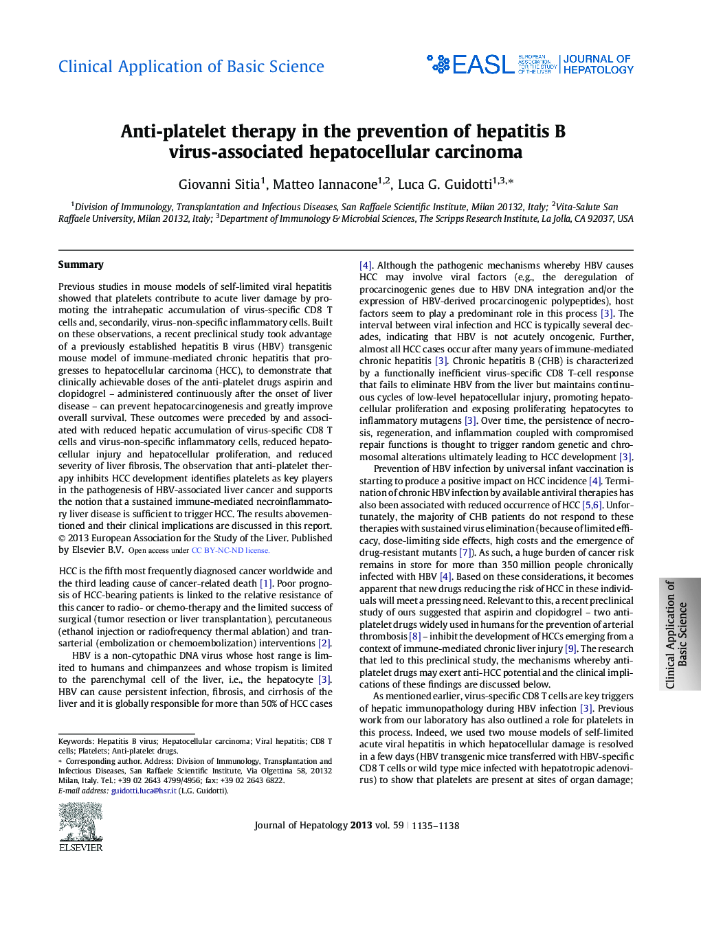 Clinical Application of Basic ScienceAnti-platelet therapy in the prevention of hepatitis B virus-associated hepatocellular carcinoma