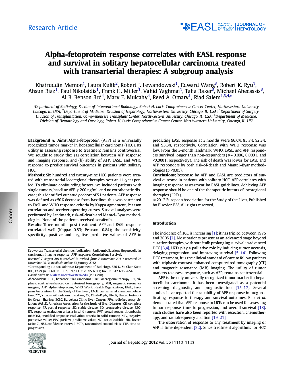 Research ArticleAlpha-fetoprotein response correlates with EASL response and survival in solitary hepatocellular carcinoma treated with transarterial therapies: A subgroup analysis