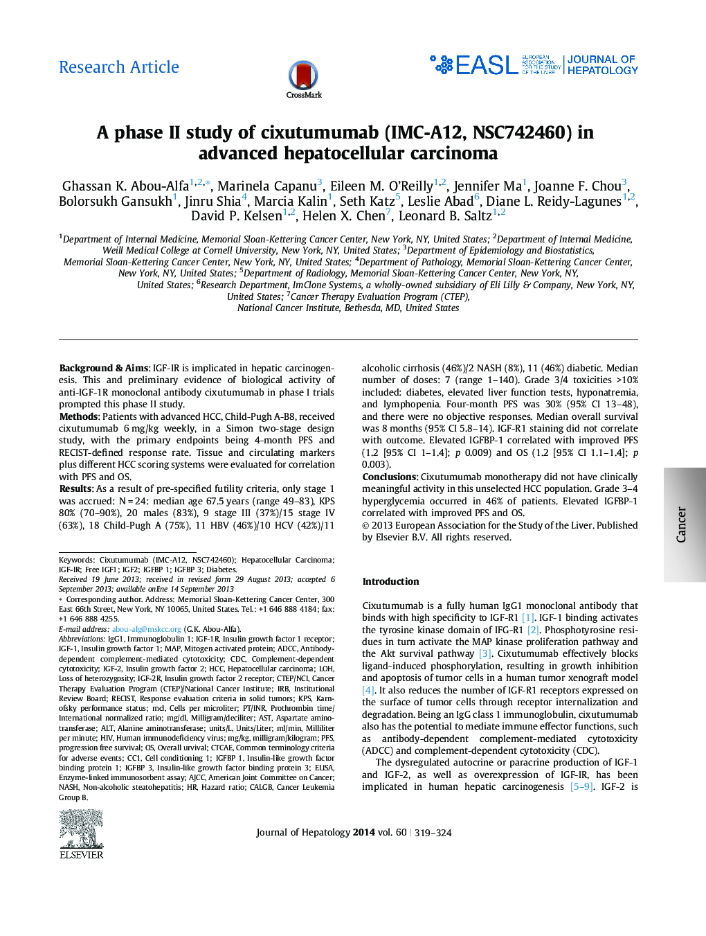 Research ArticleA phase II study of cixutumumab (IMC-A12, NSC742460) in advanced hepatocellular carcinoma