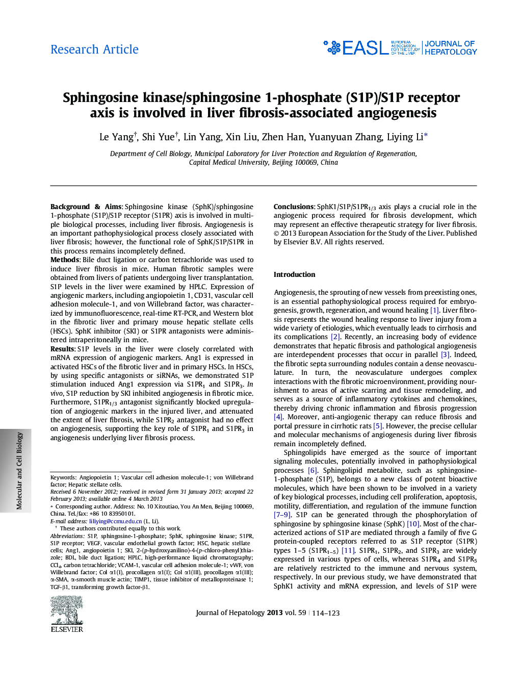 Research ArticleSphingosine kinase/sphingosine 1-phosphate (S1P)/S1P receptor axis is involved in liver fibrosis-associated angiogenesis