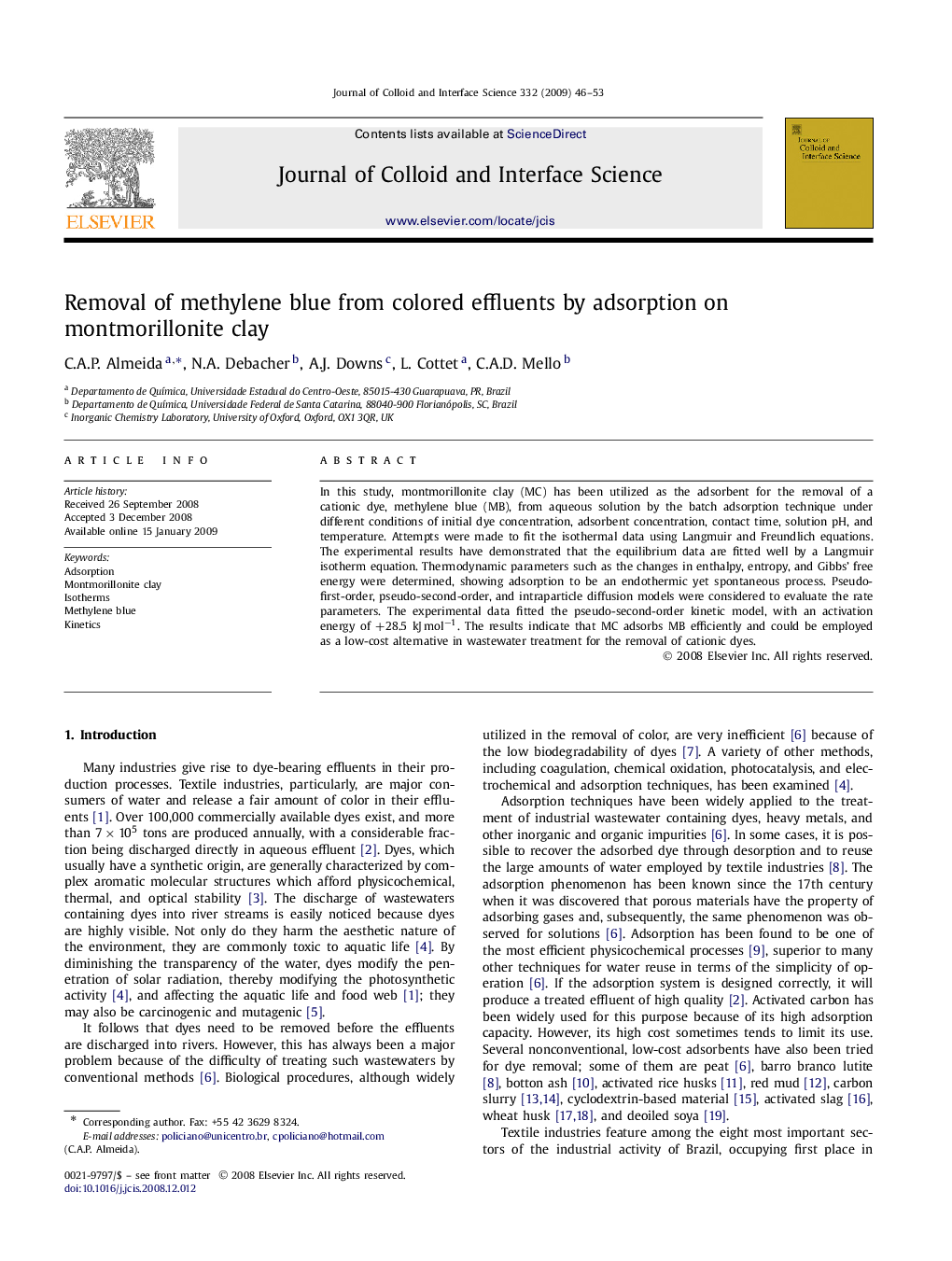 Removal of methylene blue from colored effluents by adsorption on montmorillonite clay