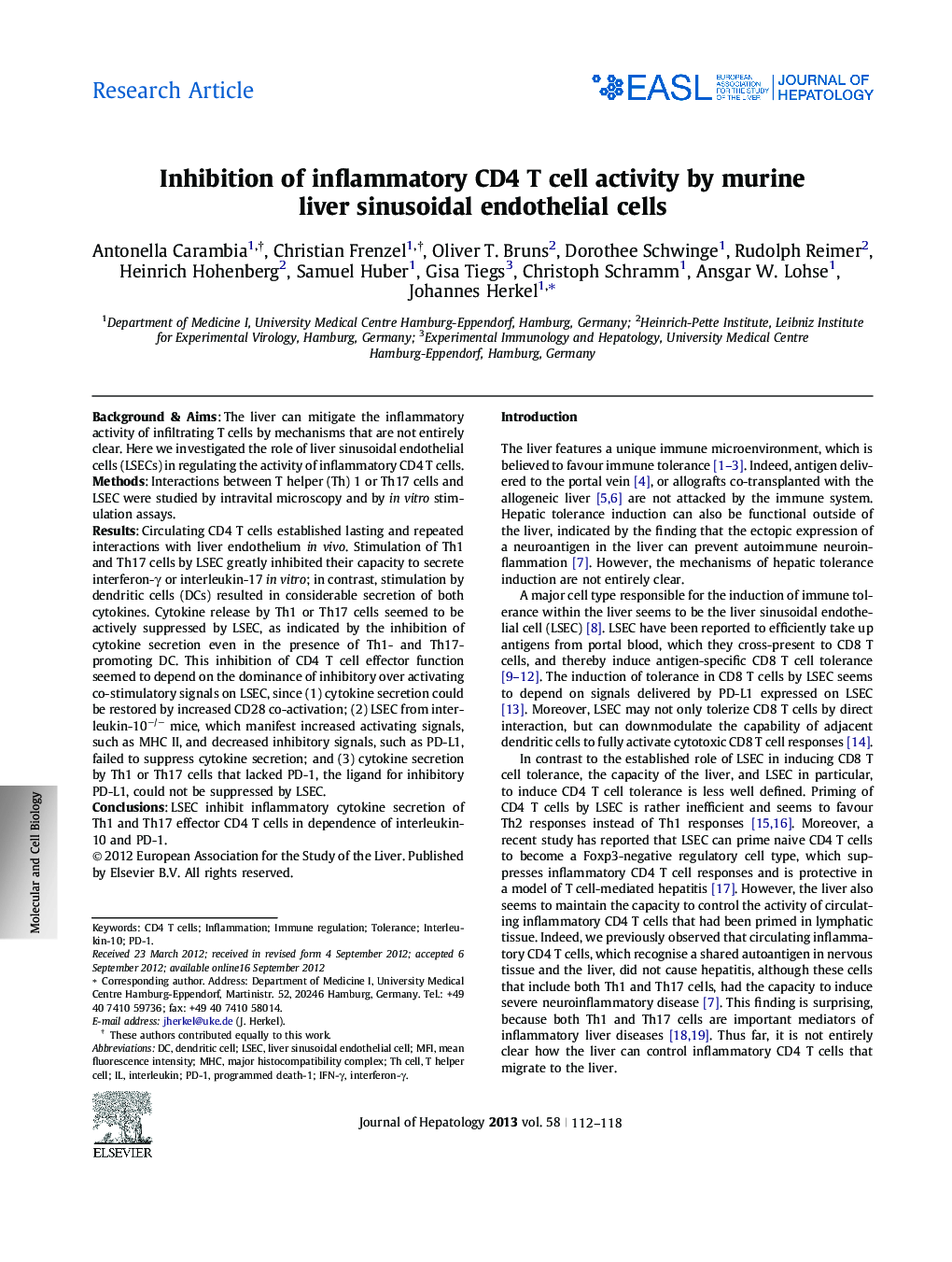 Research ArticleInhibition of inflammatory CD4 T cell activity by murine liver sinusoidal endothelial cells