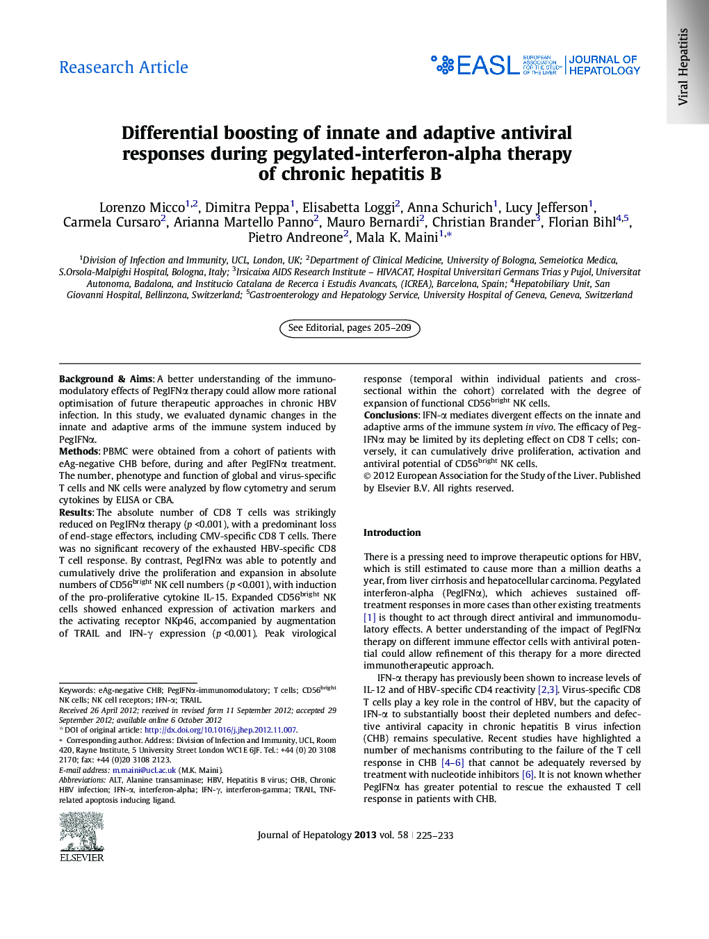 Reasearch ArticleDifferential boosting of innate and adaptive antiviral responses during pegylated-interferon-alpha therapy of chronic hepatitis B