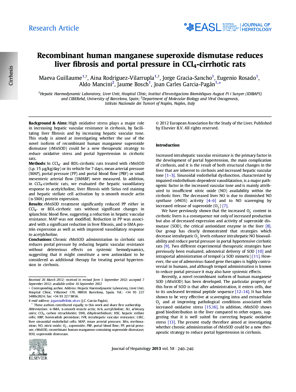 عکس صفحه اول مقاله: Research ArticleRecombinant human manganese superoxide dismutase reduces liver fibrosis and portal pressure in CCl4-cirrhotic rats Research ArticleRecombinant human manganese superoxide dismutase reduces liver fibrosis and portal pressure in CCl4-cirrhotic rats