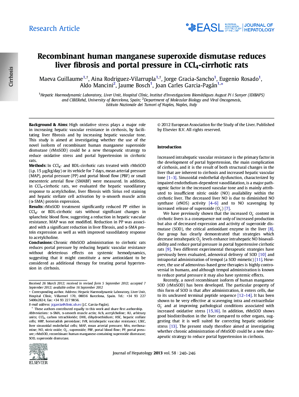 Research ArticleRecombinant human manganese superoxide dismutase reduces liver fibrosis and portal pressure in CCl4-cirrhotic rats