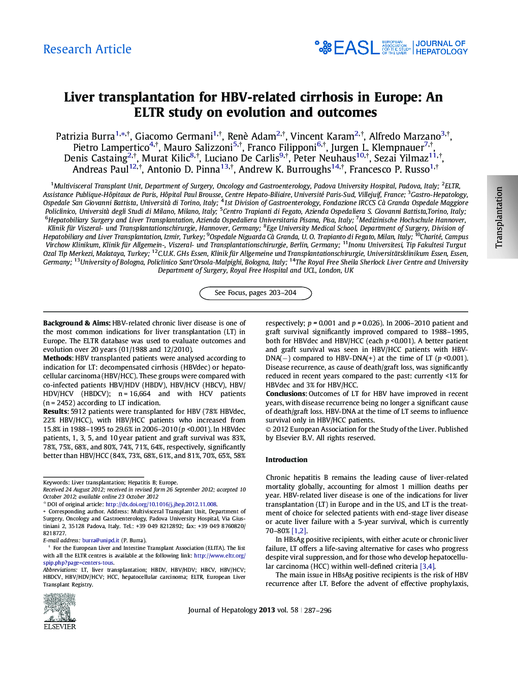 Research ArticleLiver transplantation for HBV-related cirrhosis in Europe: An ELTR study on evolution and outcomes