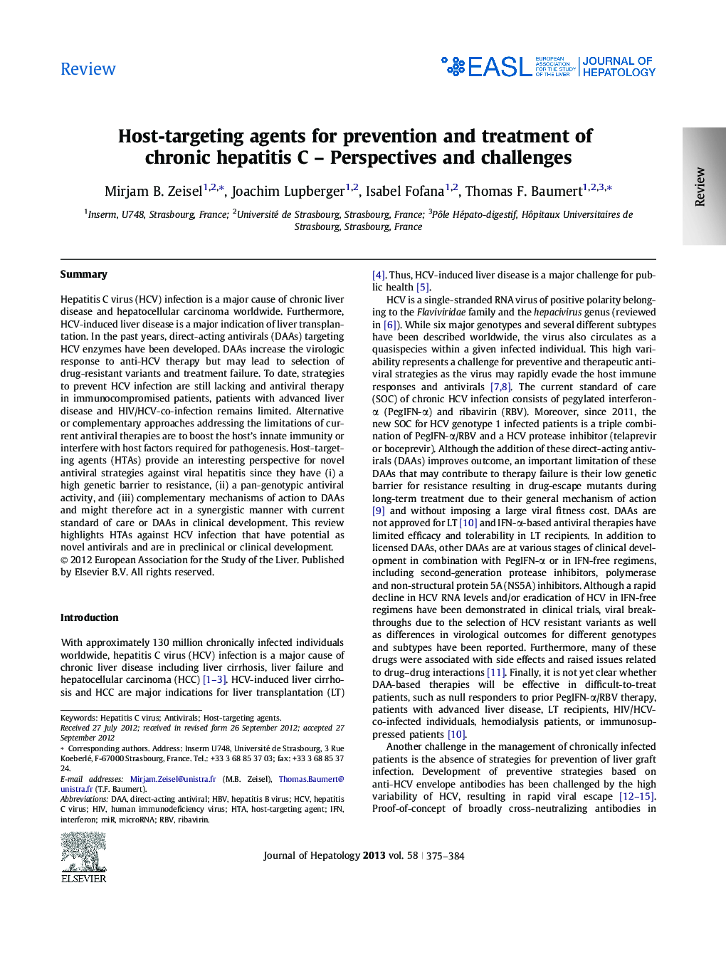 ReviewHost-targeting agents for prevention and treatment of chronic hepatitis C - Perspectives and challenges