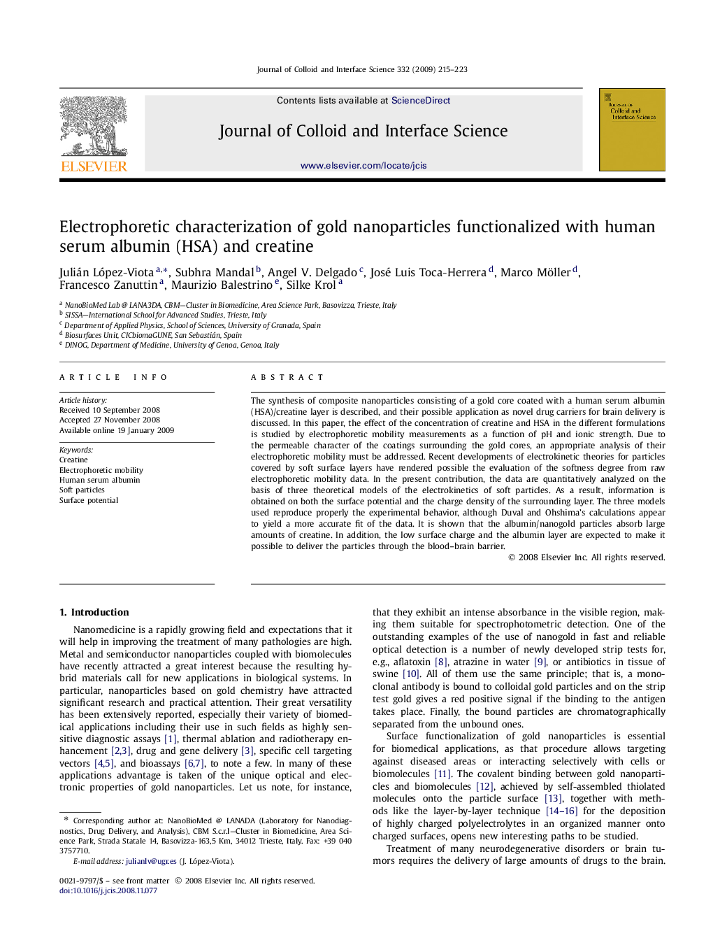 Electrophoretic characterization of gold nanoparticles functionalized with human serum albumin (HSA) and creatine