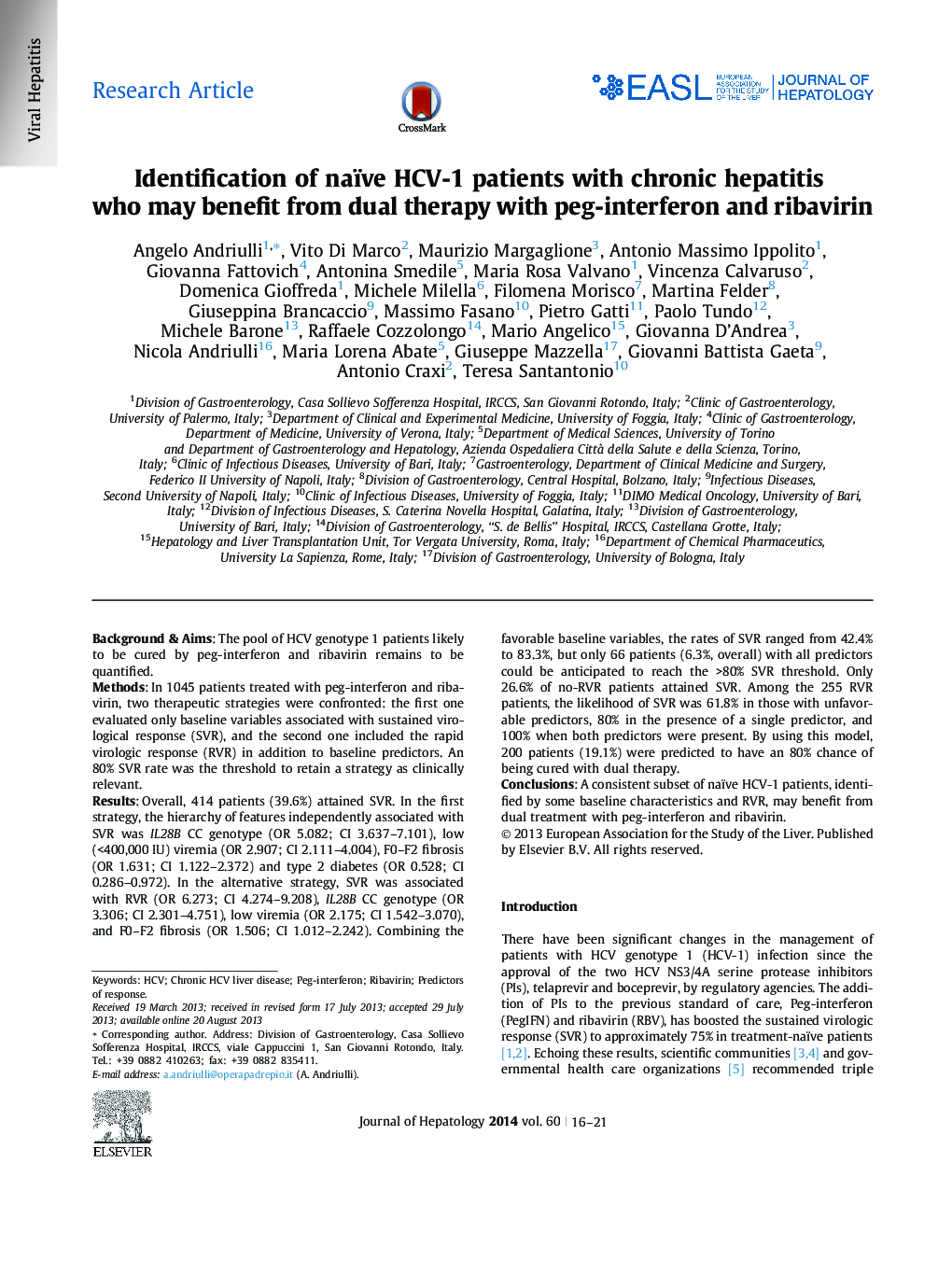 Research ArticleIdentification of naïve HCV-1 patients with chronic hepatitis who may benefit from dual therapy with peg-interferon and ribavirin