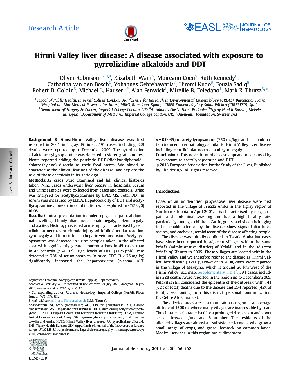 Research ArticleHirmi Valley liver disease: A disease associated with exposure to pyrrolizidine alkaloids and DDT