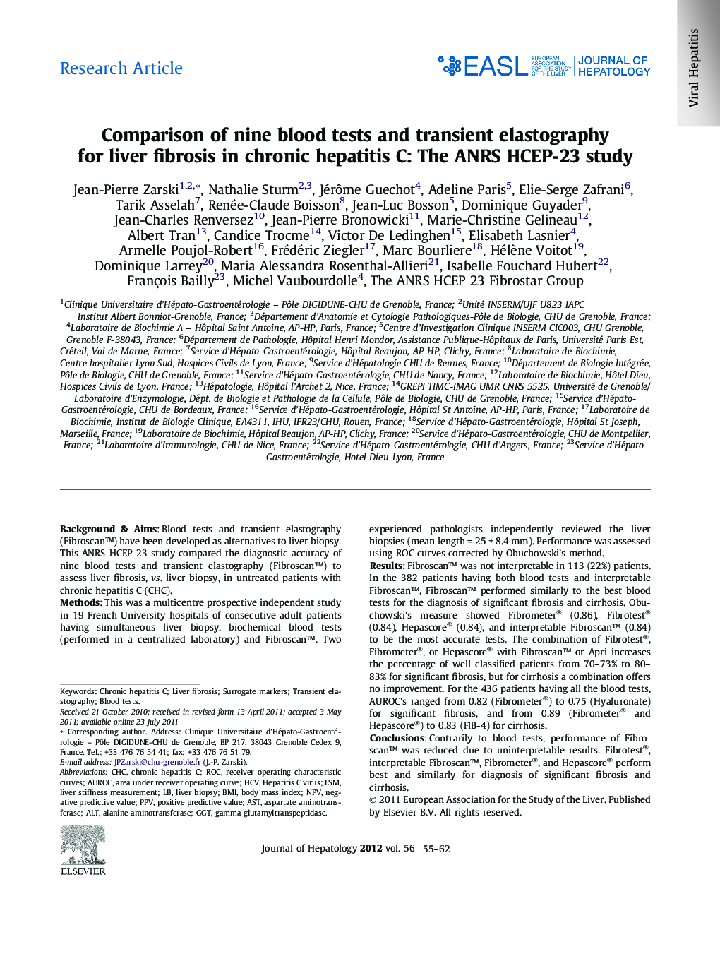 Research ArticleComparison of nine blood tests and transient elastography for liver fibrosis in chronic hepatitis C: The ANRS HCEP-23 study