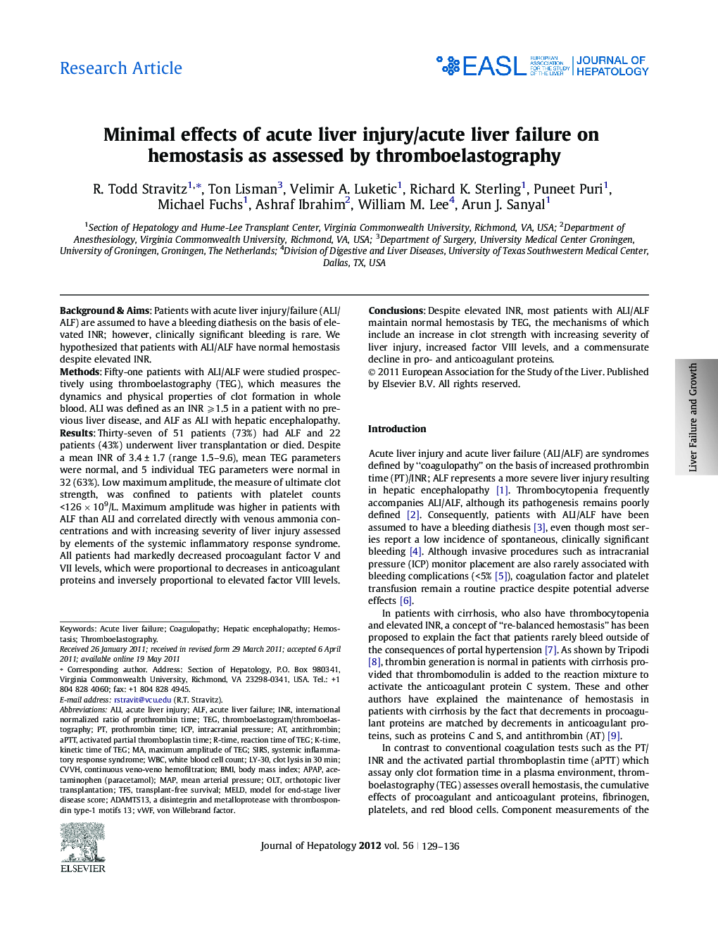 Research ArticleMinimal effects of acute liver injury/acute liver failure on hemostasis as assessed by thromboelastography