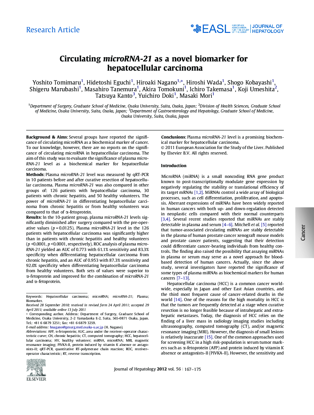 Research ArticleCirculating microRNA-21 as a novel biomarker for hepatocellular carcinoma