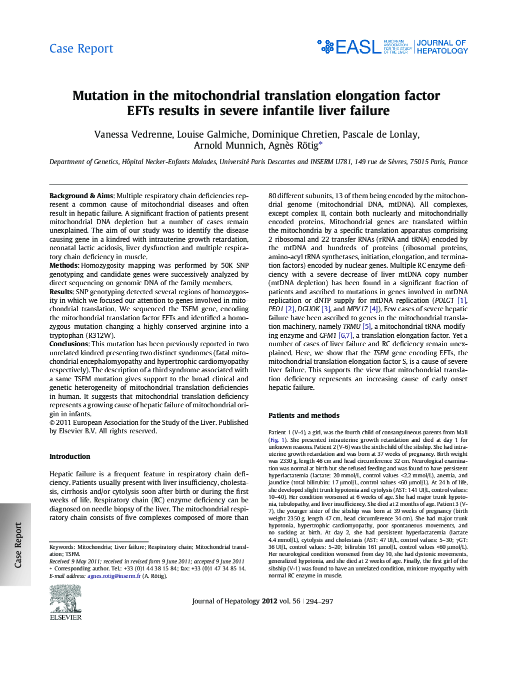 Case ReportMutation in the mitochondrial translation elongation factor EFTs results in severe infantile liver failure