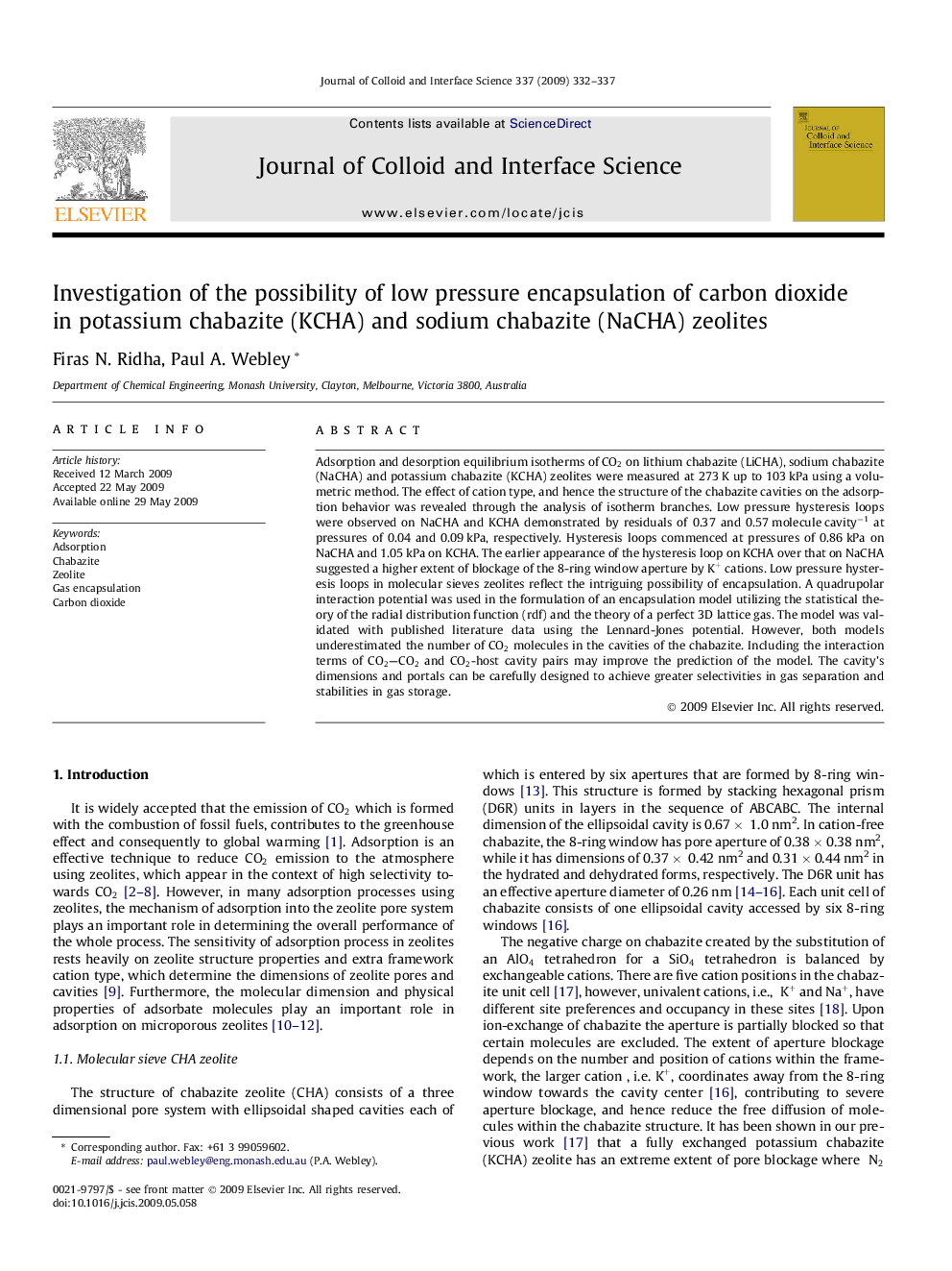 Investigation of the possibility of low pressure encapsulation of carbon dioxide in potassium chabazite (KCHA) and sodium chabazite (NaCHA) zeolites