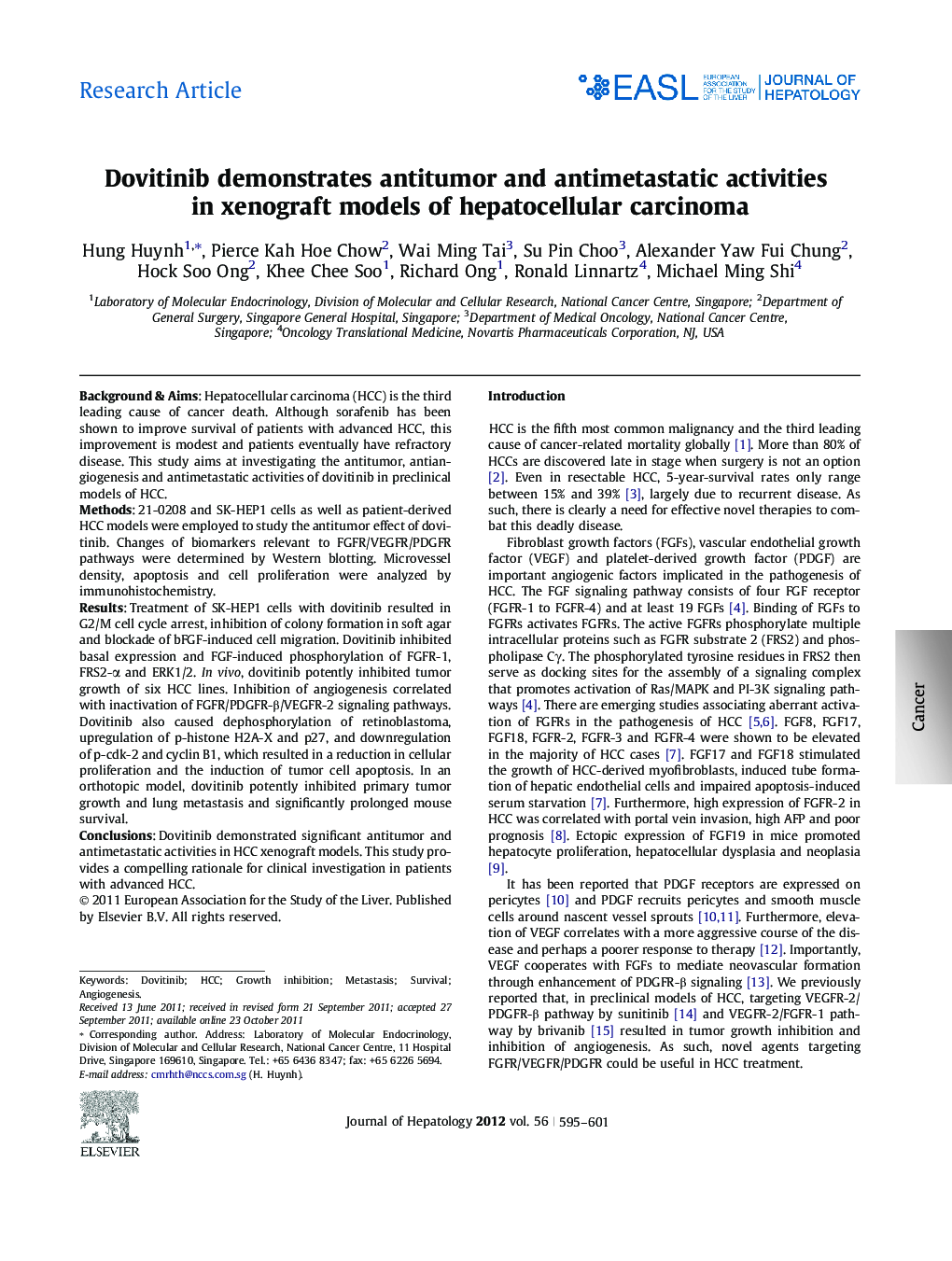 Research ArticleDovitinib demonstrates antitumor and antimetastatic activities in xenograft models of hepatocellular carcinoma