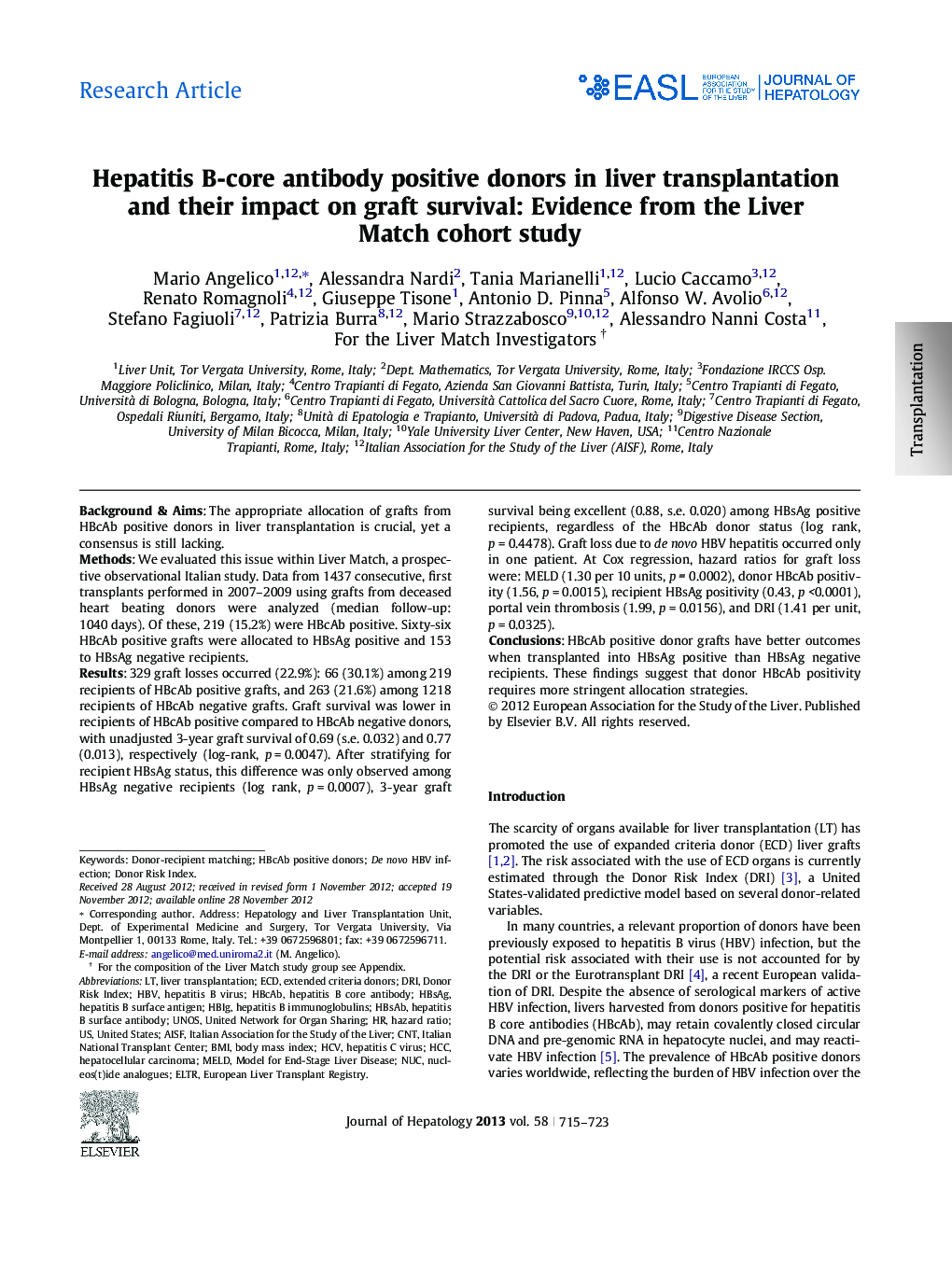 Research ArticleHepatitis B-core antibody positive donors in liver transplantation and their impact on graft survival: Evidence from the Liver Match cohort study