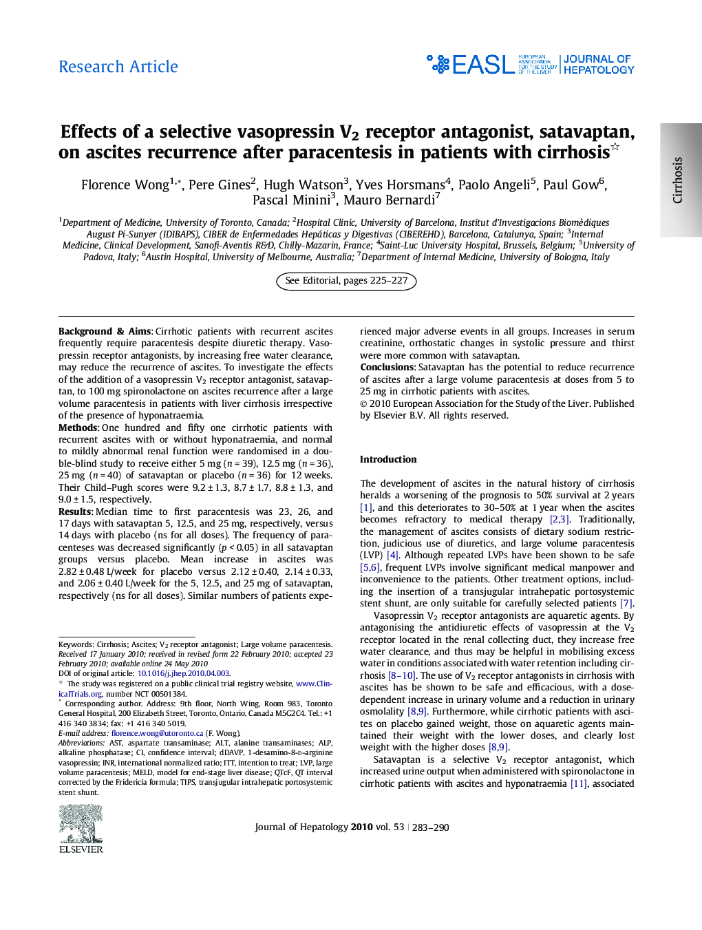 Research ArticleEffects of a selective vasopressin V2 receptor antagonist, satavaptan, on ascites recurrence after paracentesis in patients with cirrhosis