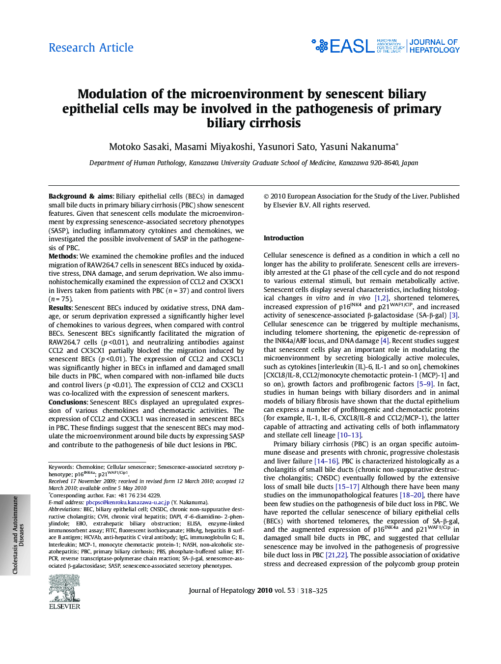 Research ArticleModulation of the microenvironment by senescent biliary epithelial cells may be involved in the pathogenesis of primary biliary cirrhosis