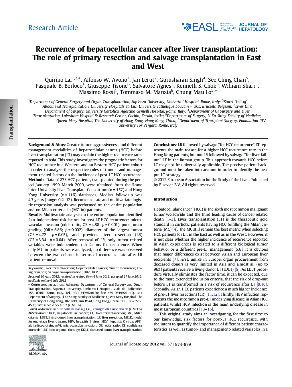 Research ArticleRecurrence of hepatocellular cancer after liver transplantation: The role of primary resection and salvage transplantation in East and West