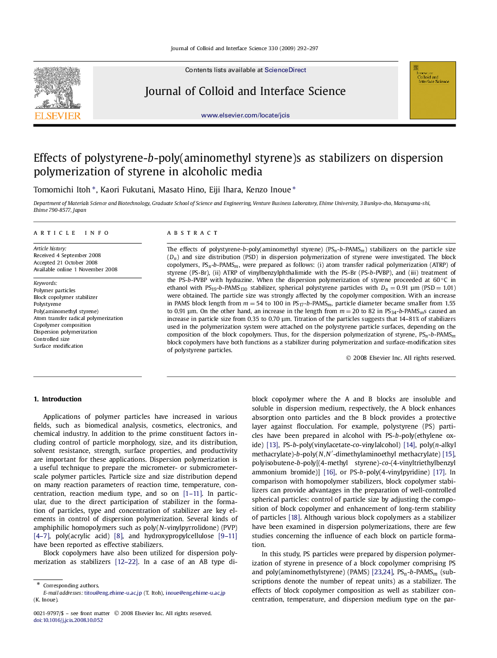 Effects of polystyrene-b-poly(aminomethyl styrene)s as stabilizers on dispersion polymerization of styrene in alcoholic media