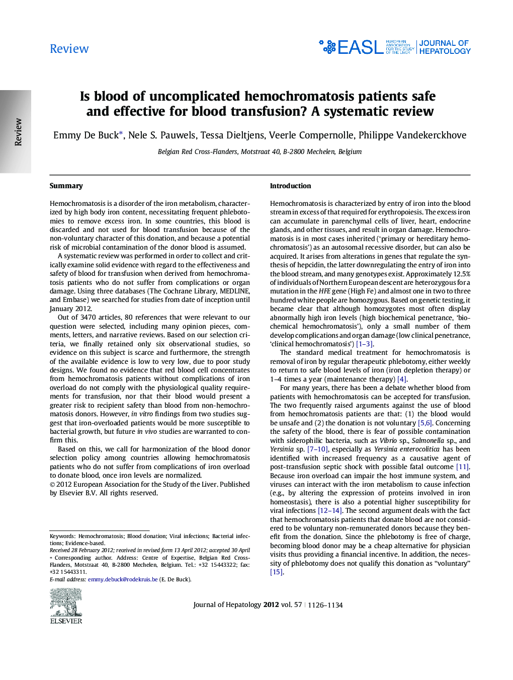 ReviewIs blood of uncomplicated hemochromatosis patients safe and effective for blood transfusion? A systematic review