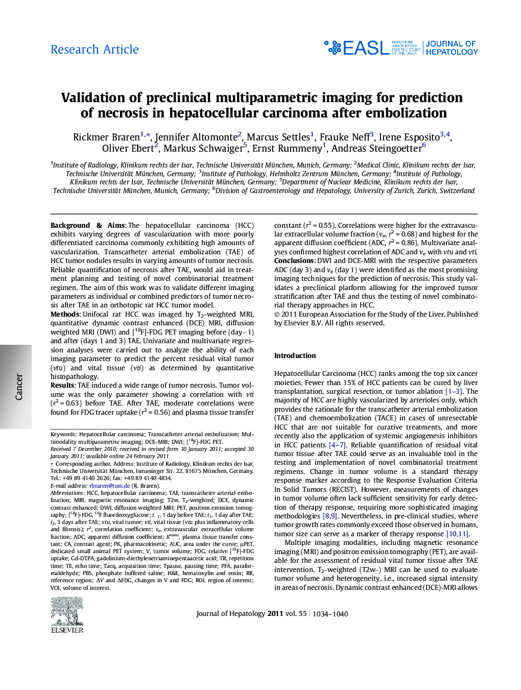 Research ArticleValidation of preclinical multiparametric imaging for prediction of necrosis in hepatocellular carcinoma after embolization