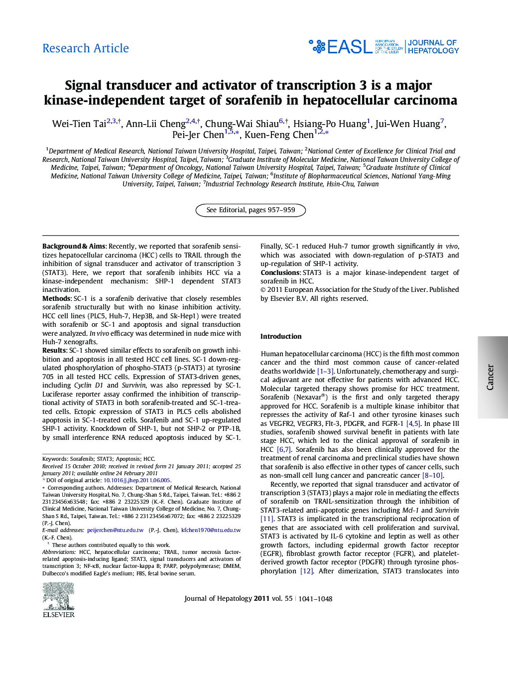 RESEARCH ARTICLESignal transducer and activator of transcription 3 is a major kinase-independent target of sorafenib in hepatocellular carcinoma