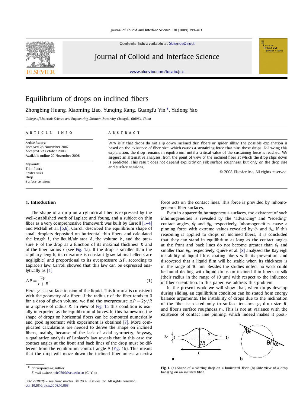 Equilibrium of drops on inclined fibers