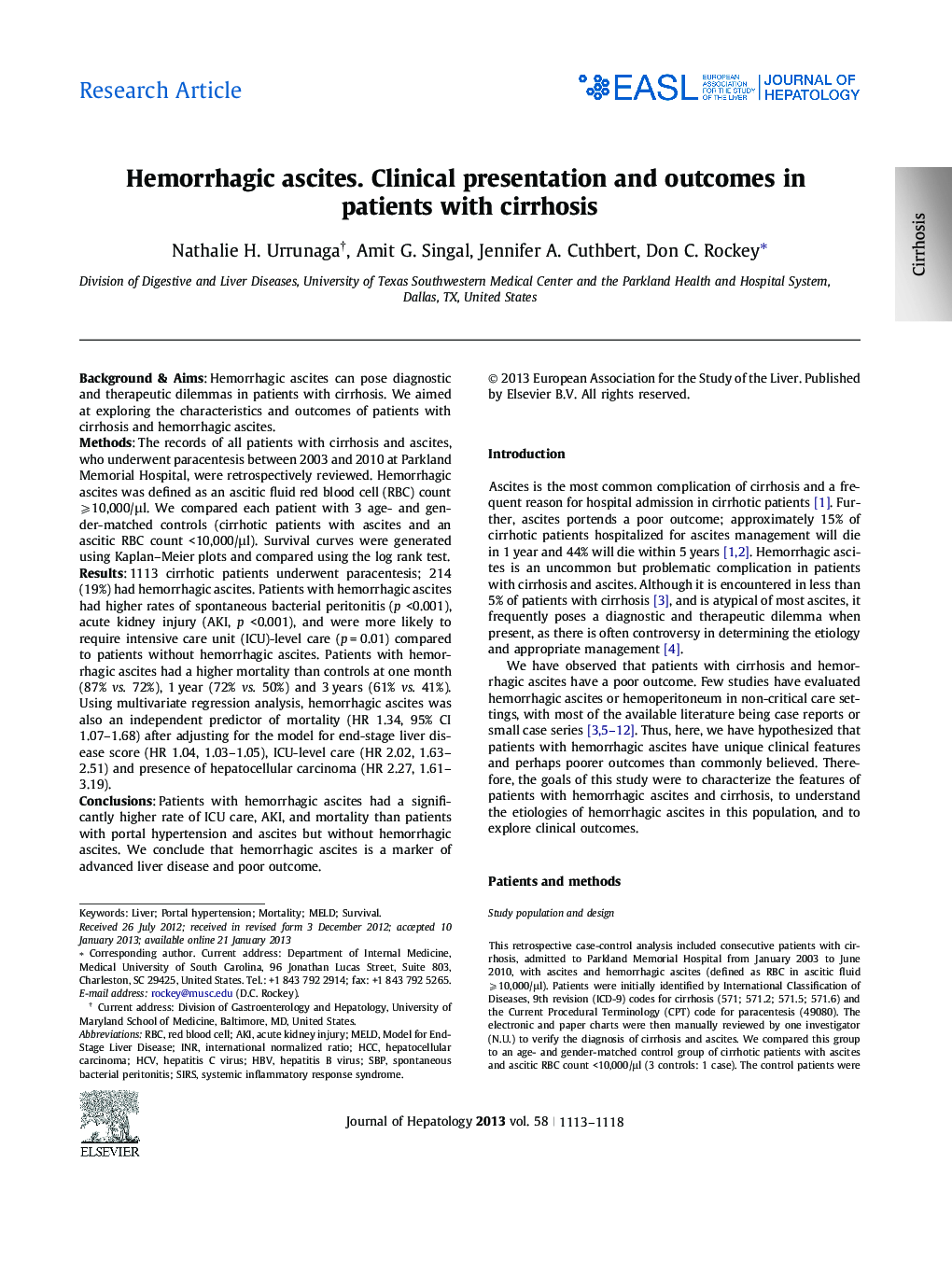 Research ArticleHemorrhagic ascites. Clinical presentation and outcomes in patients with cirrhosis