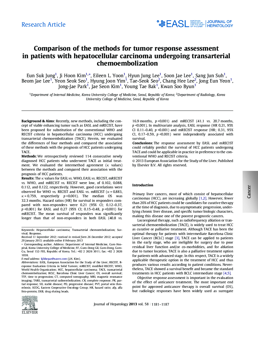 Research ArticleComparison of the methods for tumor response assessment in patients with hepatocellular carcinoma undergoing transarterial chemoembolization