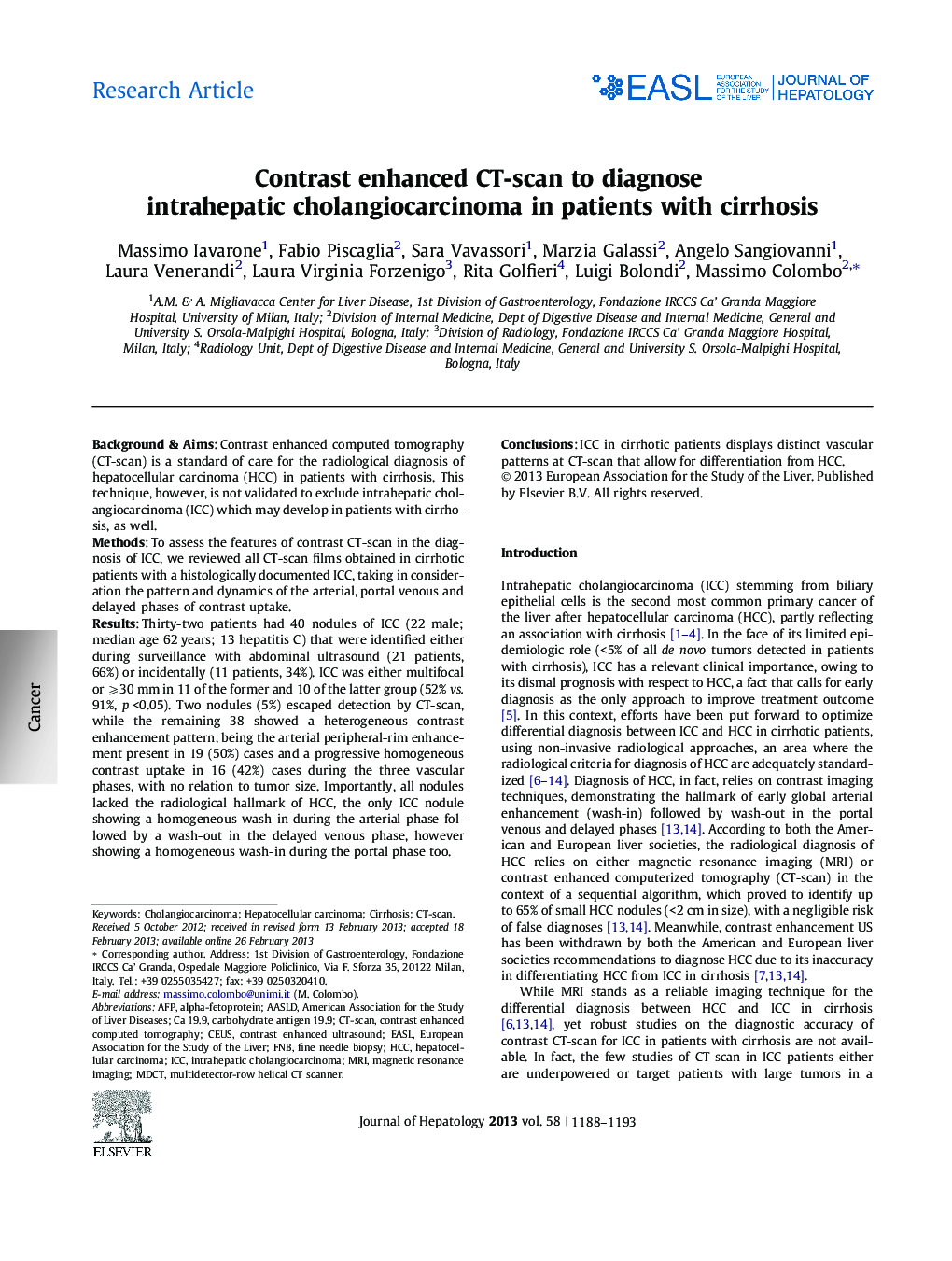 Research ArticleContrast enhanced CT-scan to diagnose intrahepatic cholangiocarcinoma in patients with cirrhosis