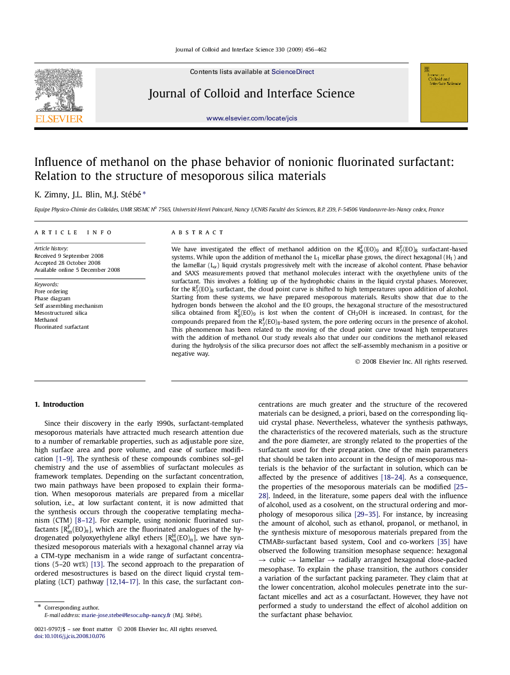 Influence of methanol on the phase behavior of nonionic fluorinated surfactant: Relation to the structure of mesoporous silica materials