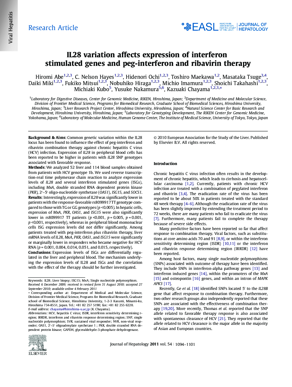 Research ArticleIL28 variation affects expression of interferon stimulated genes and peg-interferon and ribavirin therapy