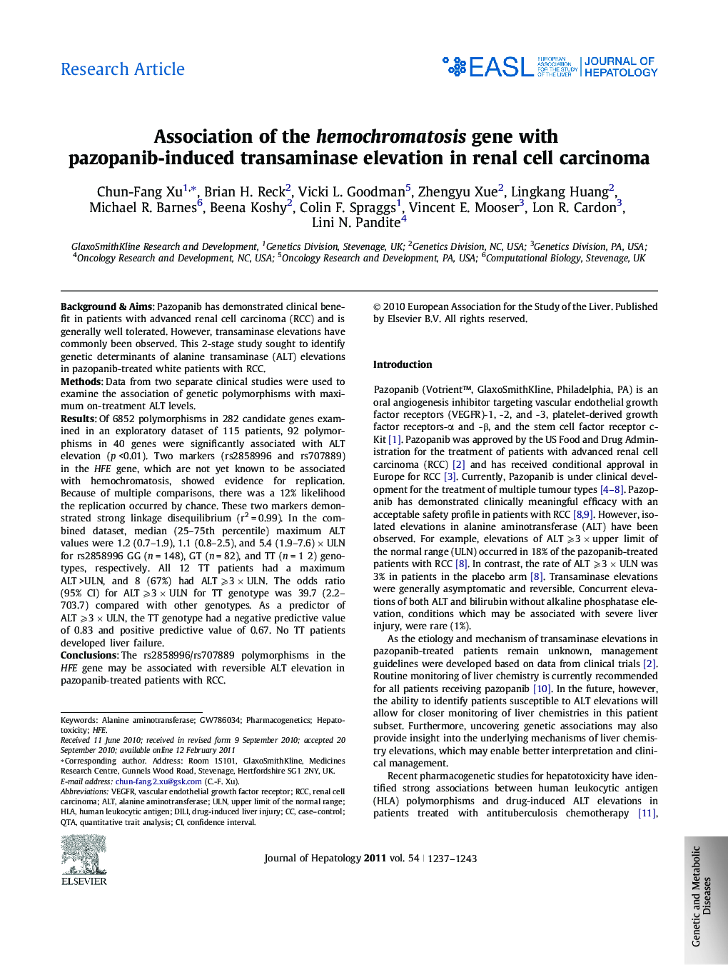 Research ArticleAssociation of the hemochromatosis gene with pazopanib-induced transaminase elevation in renal cell carcinoma