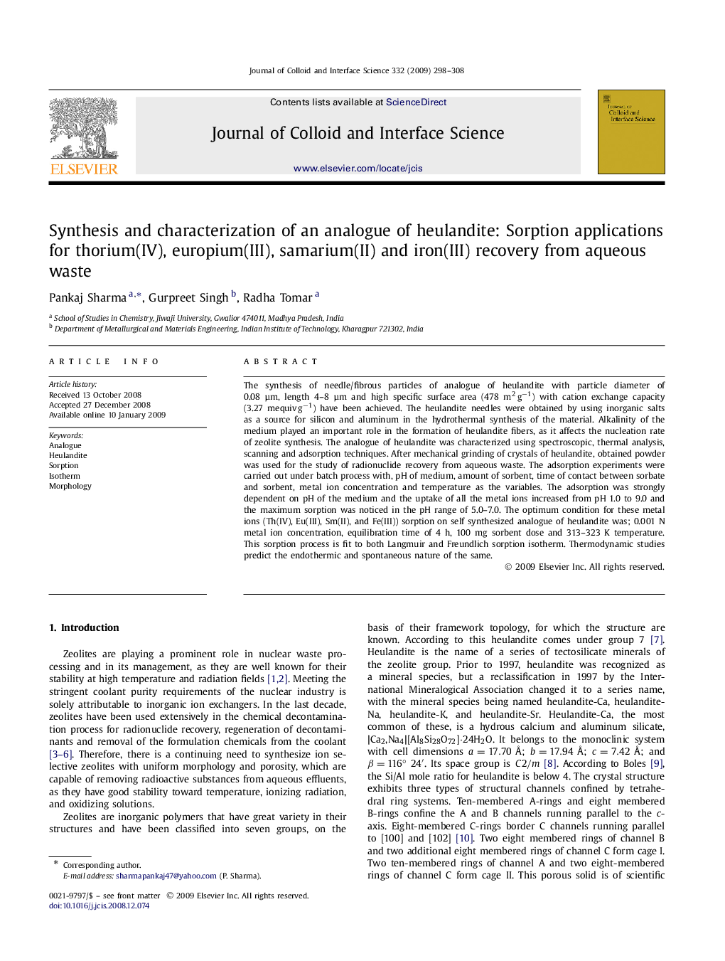 Synthesis and characterization of an analogue of heulandite: Sorption applications for thorium(IV), europium(III), samarium(II) and iron(III) recovery from aqueous waste