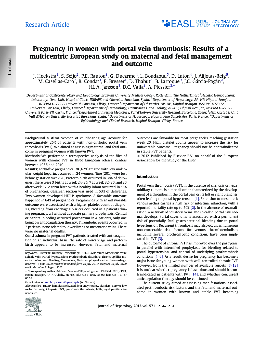 Research ArticlePregnancy in women with portal vein thrombosis: Results of a multicentric European study on maternal and fetal management and outcome