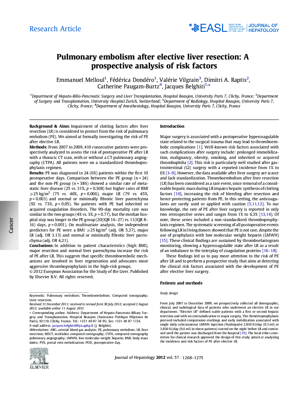 Research ArticlePulmonary embolism after elective liver resection: A prospective analysis of risk factors