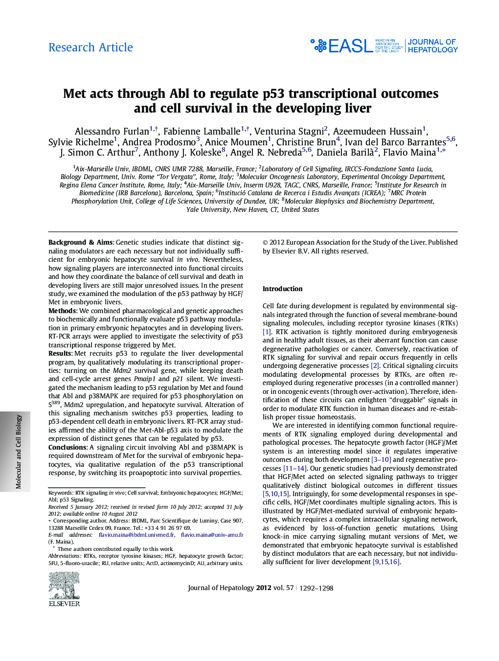 Research ArticleMet acts through Abl to regulate p53 transcriptional outcomes and cell survival in the developing liver