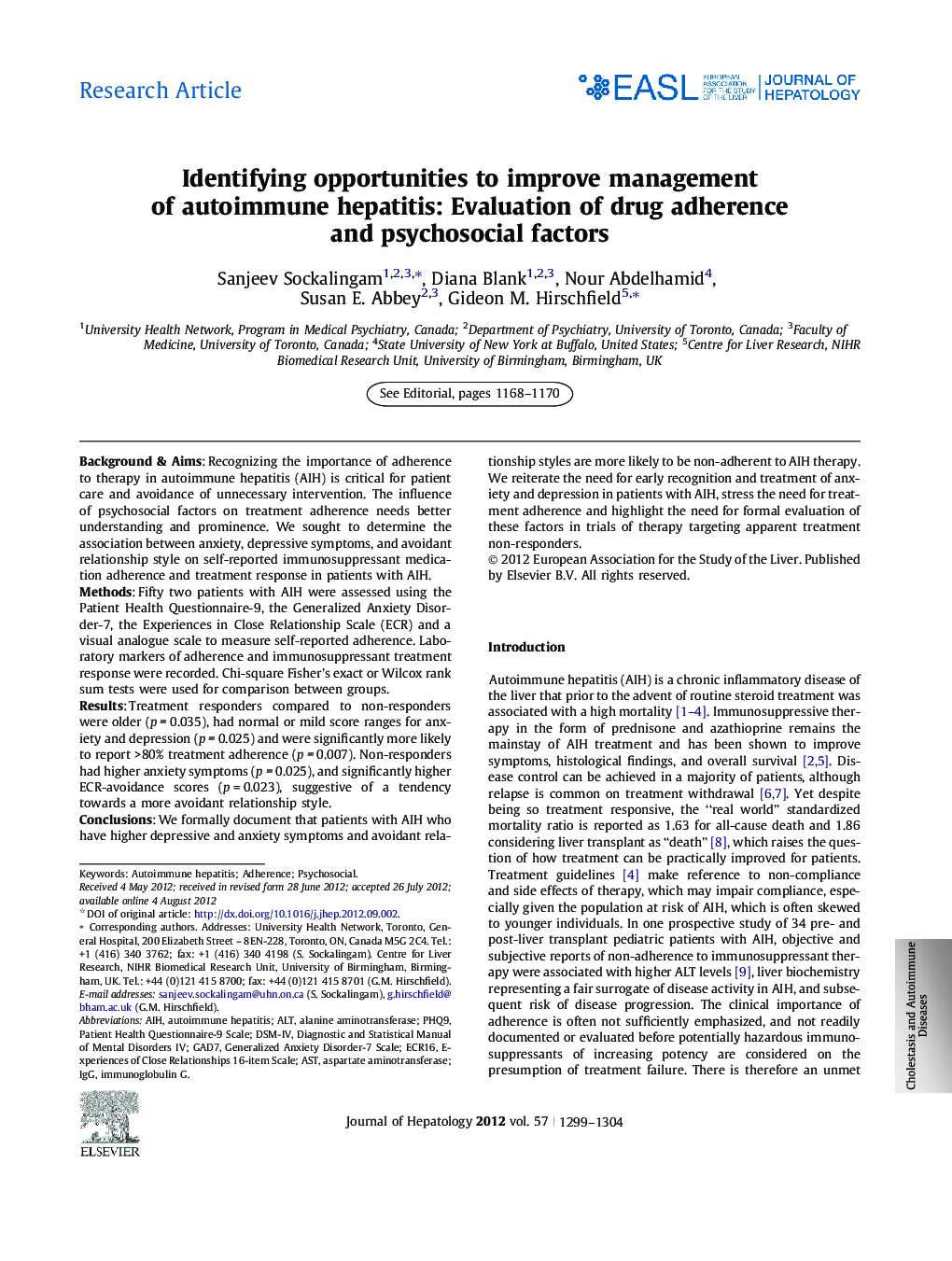 Research ArticleIdentifying opportunities to improve management of autoimmune hepatitis: Evaluation of drug adherence and psychosocial factors