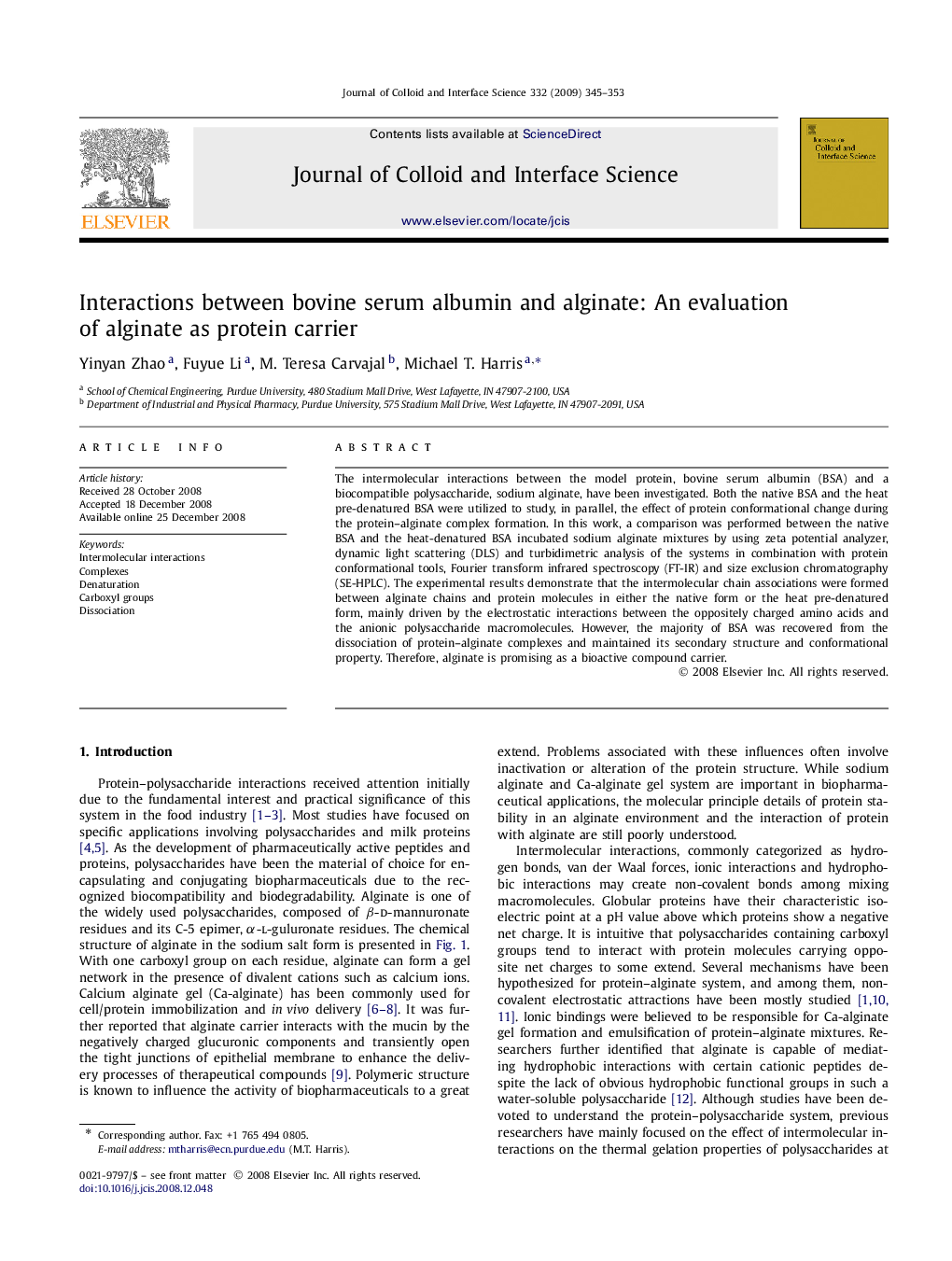 Interactions between bovine serum albumin and alginate: An evaluation of alginate as protein carrier