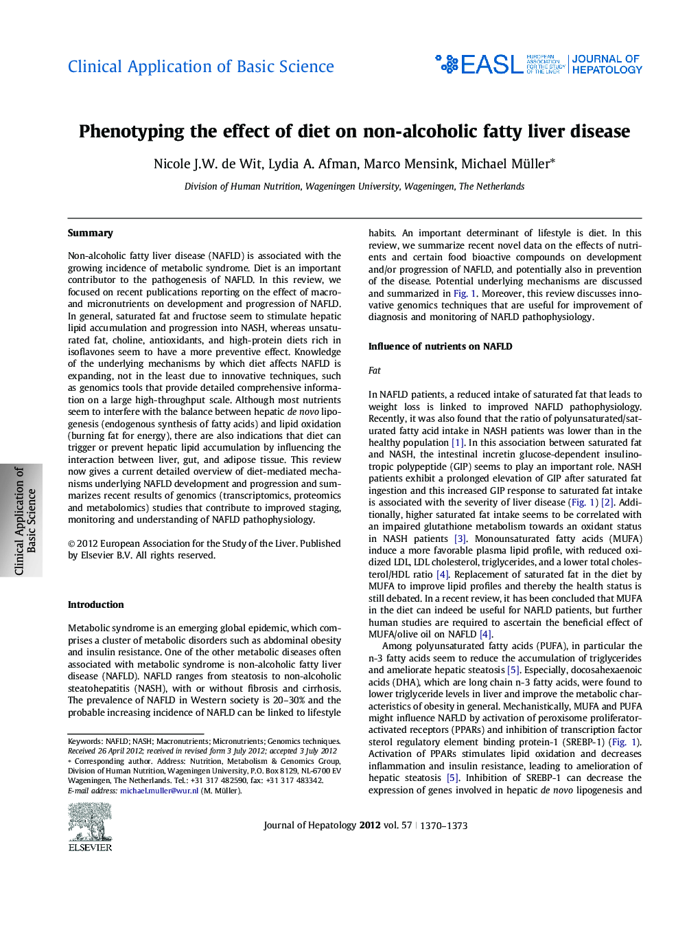 Clinical Application of Basic SciencePhenotyping the effect of diet on non-alcoholic fatty liver disease