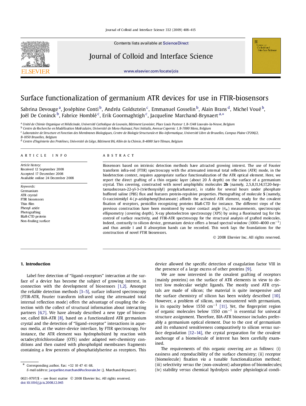 Surface functionalization of germanium ATR devices for use in FTIR-biosensors